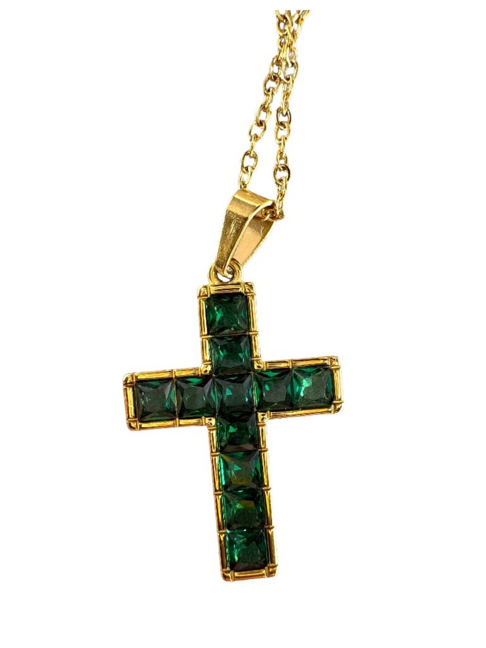 18K Gold Plated Stainless Steel Green Square CZ Cross Necklace Pendant 395+65mm